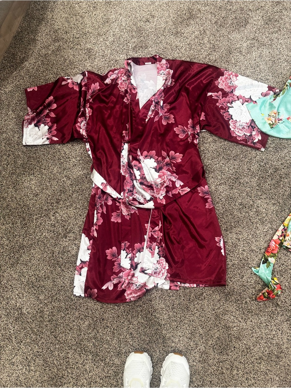 Women’s Burgundy Floral Satin Robe - Elegant Kimono Wrap